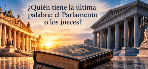Edificio parlamentario y tribunal enfrentados simbólicamente sobre un ejemplar de la Constitución.